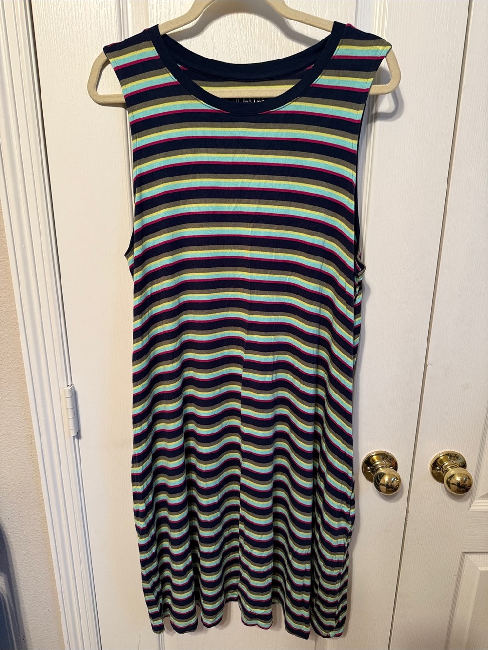 Time and Tru Navy Striped Maxi Dress with Lime and Purple Accents